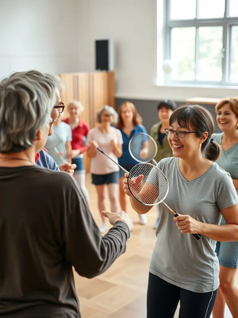 A dynamic shot of badminton players participating in a recreational class, showcasing diverse ages and skill levels, with a focus on fun and engagement.