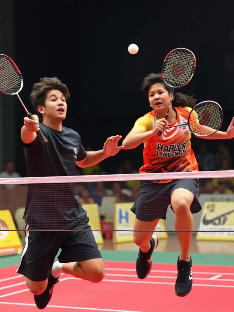 An action shot of a competitive badminton match, highlighting the intensity and excitement of tournament play.