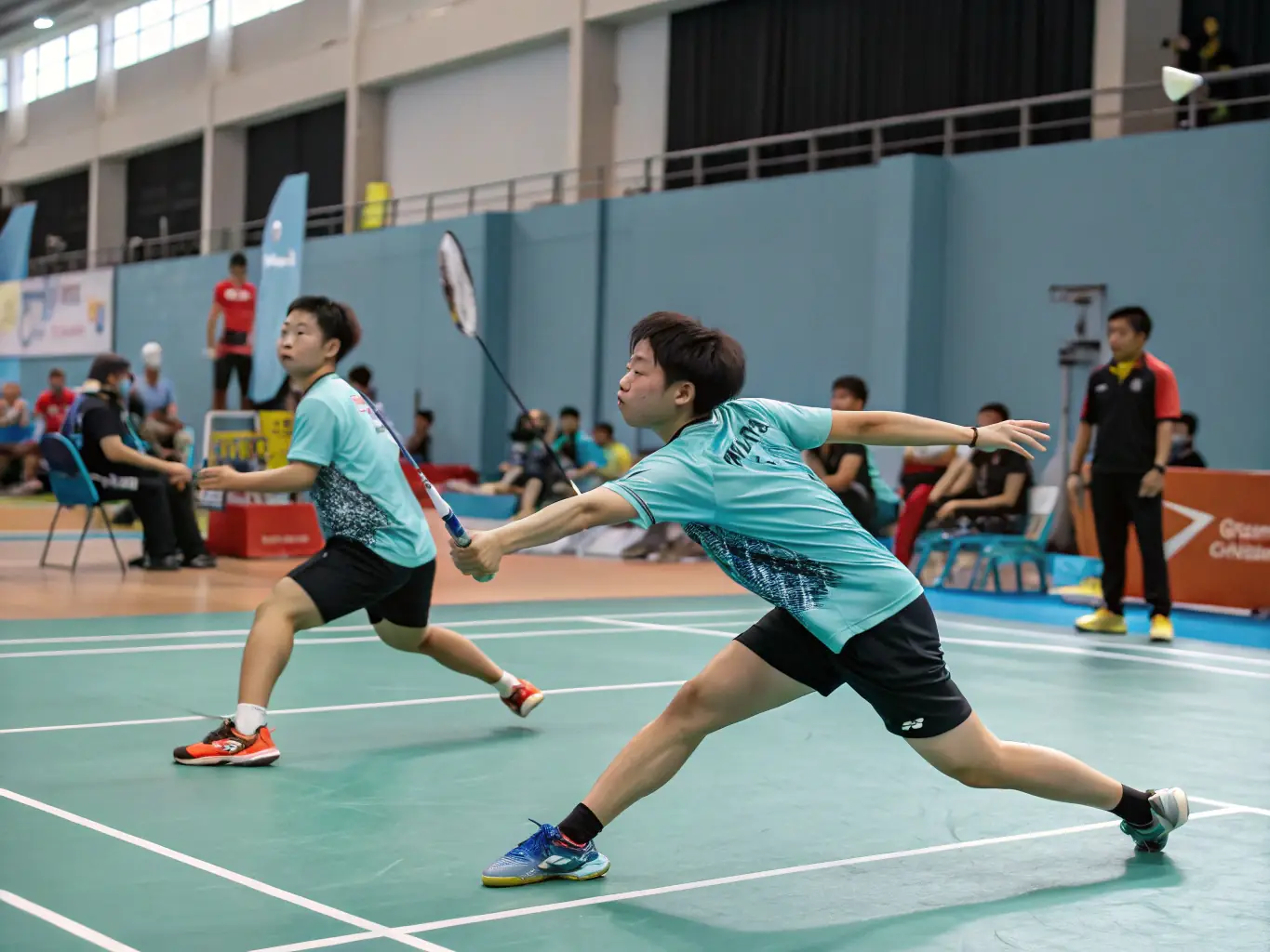 A close-up shot of a badminton shuttlecock being hit during a competitive match, emphasizing the precision and skill required in the sport. The background is blurred to focus on the action and intensity of the game.