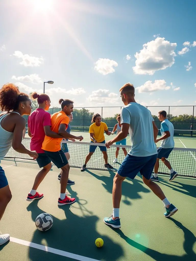 A group of diverse individuals laughing and interacting during a badminton training session, emphasizing the social and inclusive aspect of the sport.