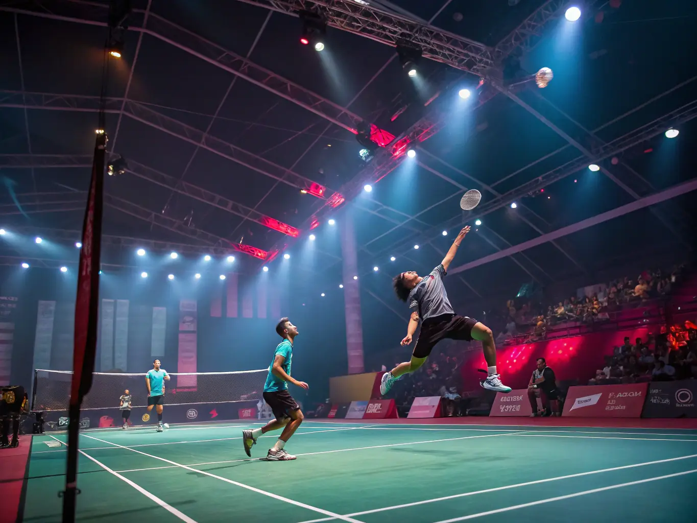 A dynamic action shot of badminton players in mid-game, showcasing the speed and agility involved in the sport. The players are smiling and engaged, reflecting the fun and competitive spirit of the club.