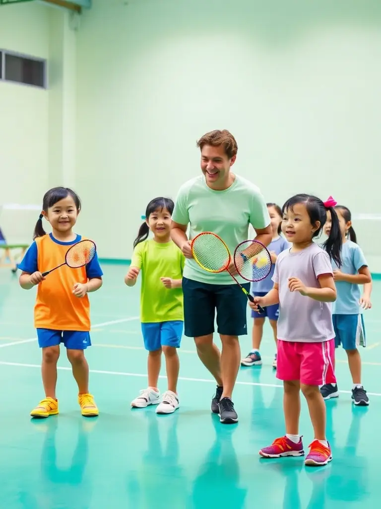 A photograph of children participating in a badminton training session at LE VOLANT DE L'ALAGNON, showcasing their enthusiasm and engagement in the sport.