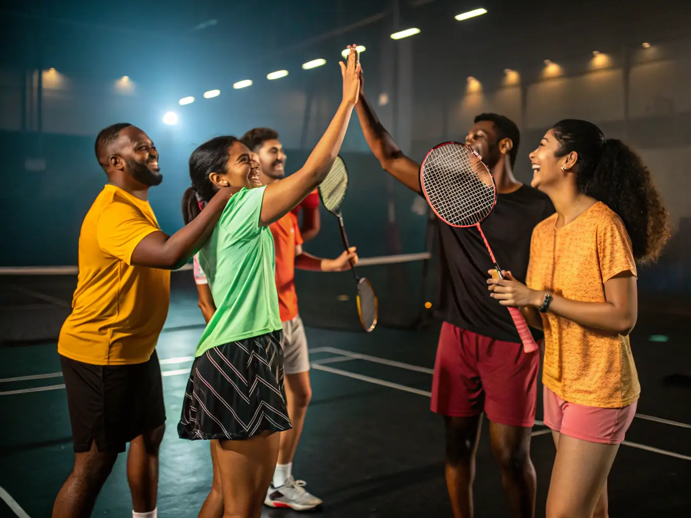 A group photo of club members socializing after a badminton session, highlighting the friendly and inclusive atmosphere of LE VOLANT DE L'ALAGNON. The members are diverse in age and background, all smiling and enjoying each other's company.